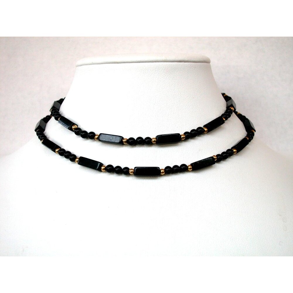 Black Hematite & Gold Tone Beaded  Necklace 26 Inch
